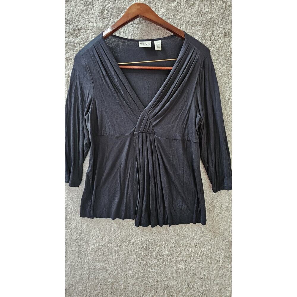 Chico's Sz 2 Black V Neck Gathered‎ Bust Blouse Top 3/4 Sleeve Tunic Large